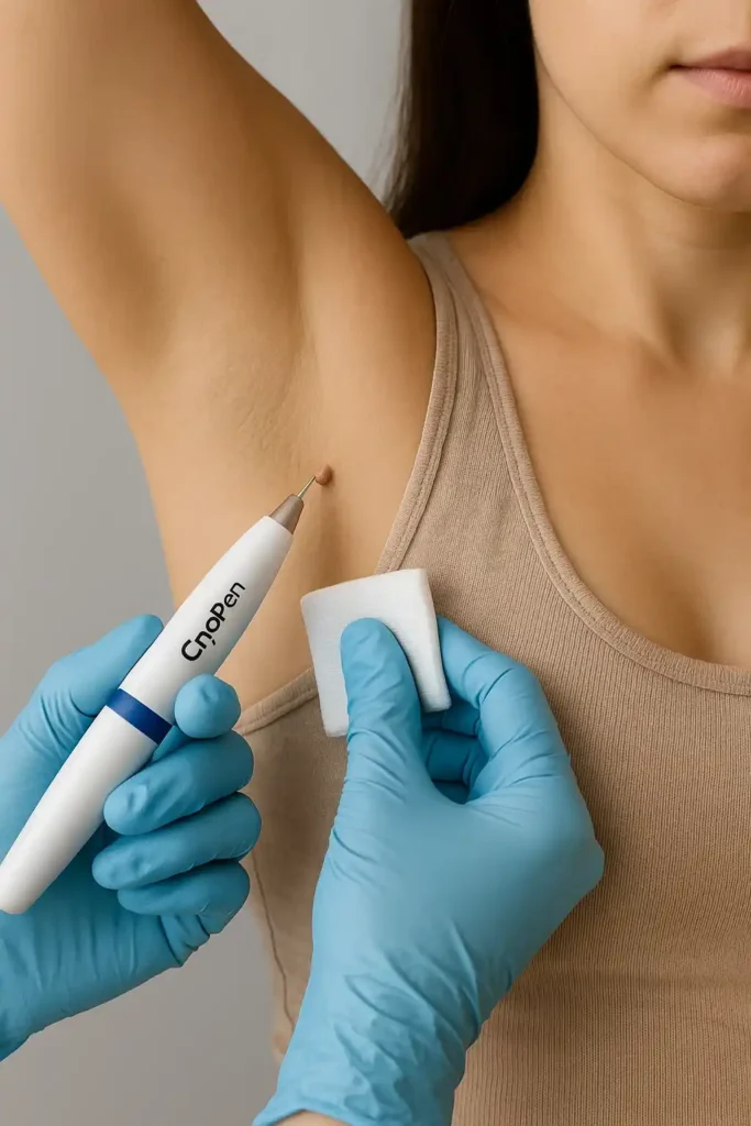 woman having cryopen to remove underarm skin tags Nottinghamshire