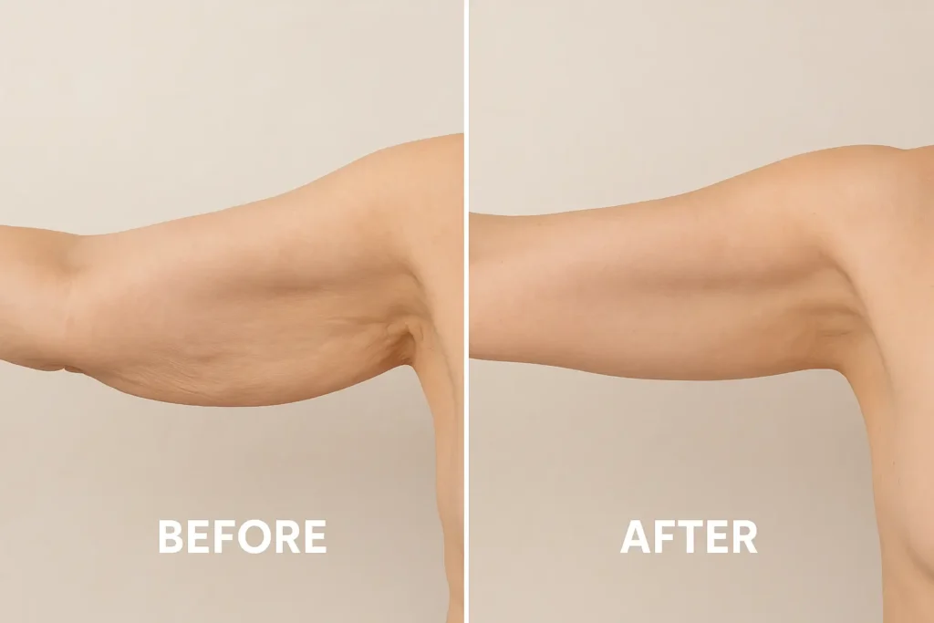 Picture of LA LIPO Nottinghamshire before and after results of skin tightening treatment on the upper arms.