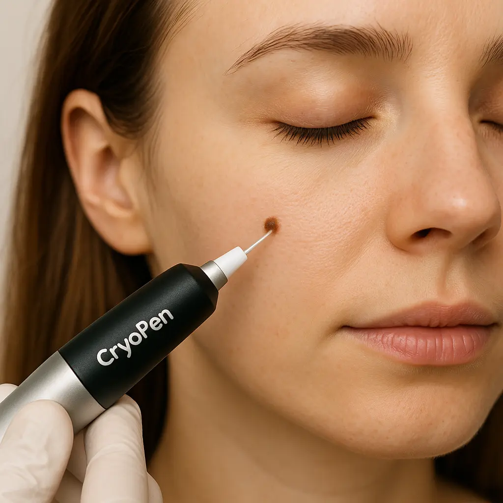 woman receiving facial mole removal Nottinghamshire using cryopen 