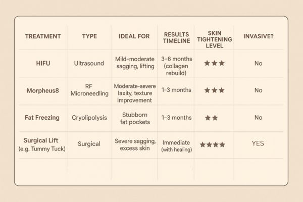 Table showing the comparisons of Skin tightening Nottinghamshire treatment options.